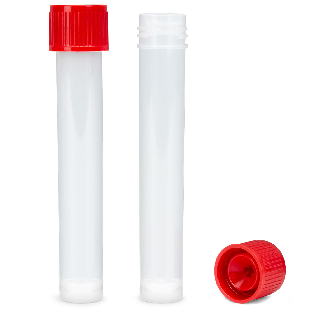Globe Scientific 16x101mm tube, separate red screwcap, sterile, self-standing,200 tube/bag,1000cap/bag,case liner Image